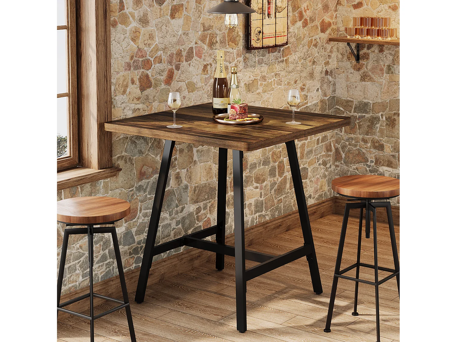 Table de bar industrielle avec plateau épais, petite table de cuisine pour salon et réceptions, 79 x 79 x 90 cm