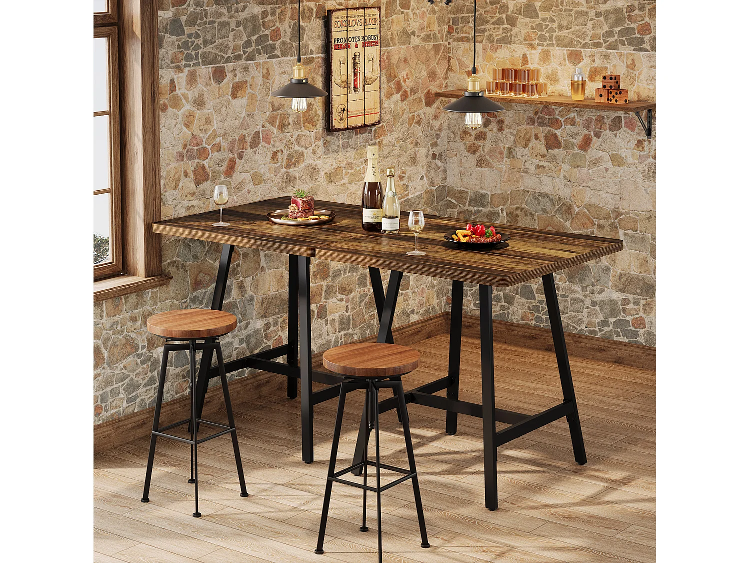 Table de bar industrielle avec plateau épais, petite table de cuisine pour salon et réceptions, 79 x 79 x 90 cm