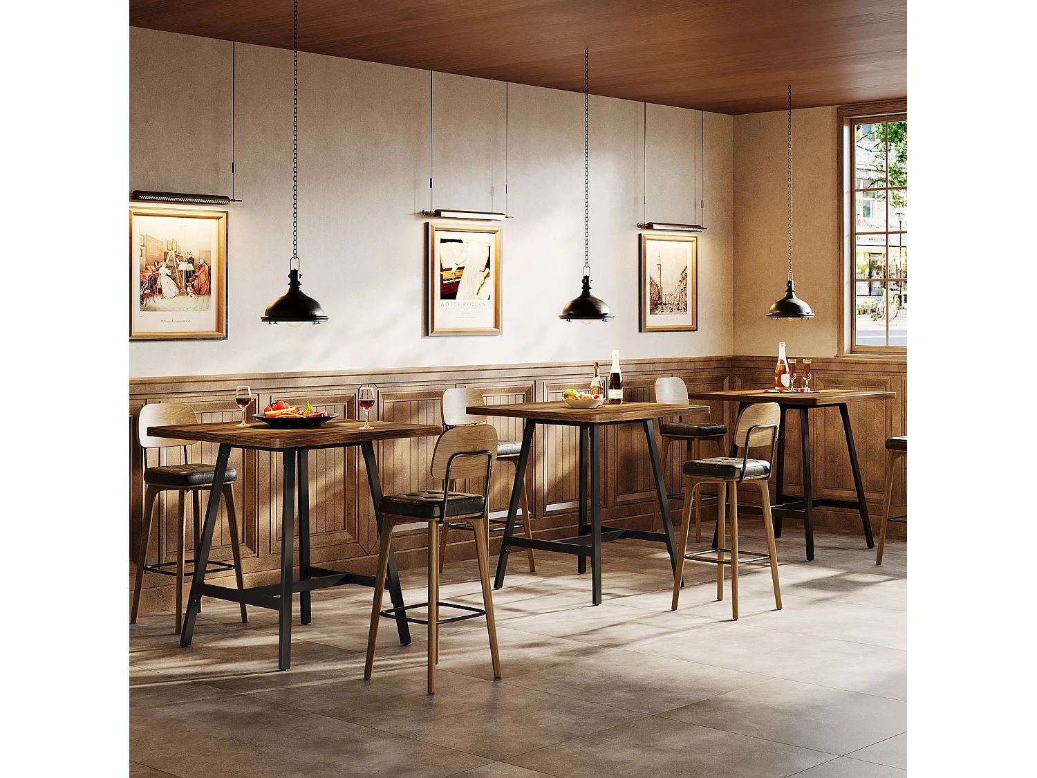 Table de bar industrielle avec plateau épais, petite table de cuisine pour salon et réceptions, 79 x 79 x 90 cm