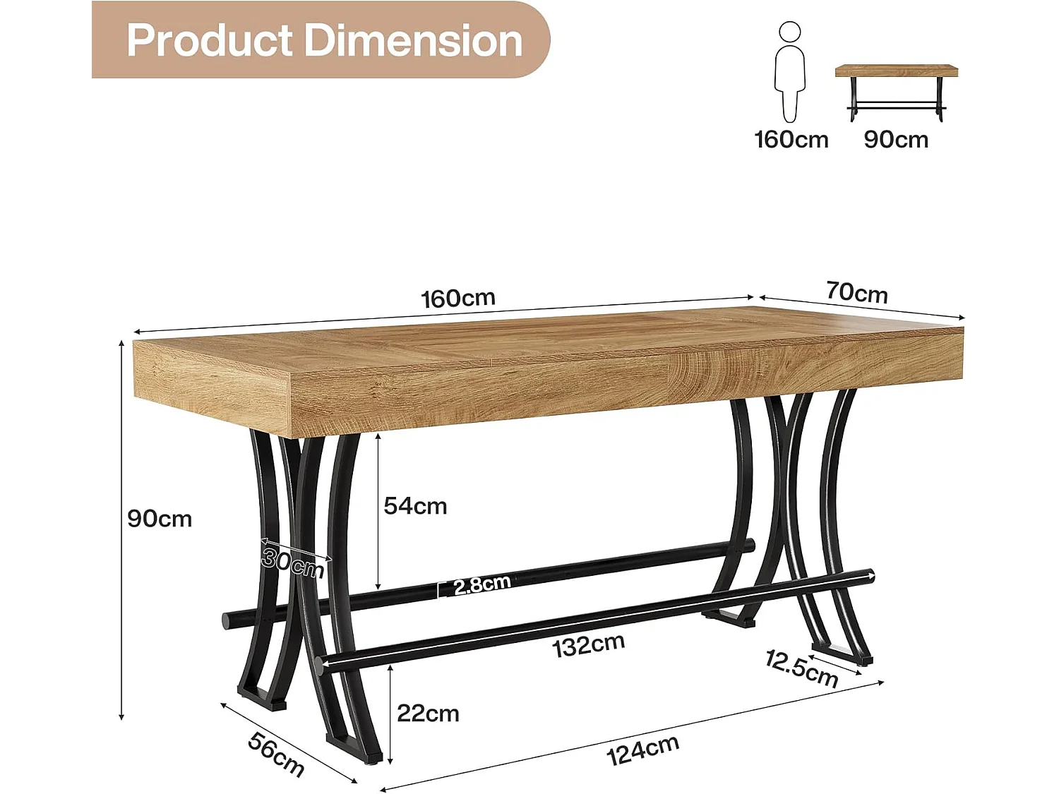 Table de bar/pub de 90 cm de haut avec repose-pieds en métal, table de cuisine/salle à manger rectangulaire de 160 cm de hauteur comptoir