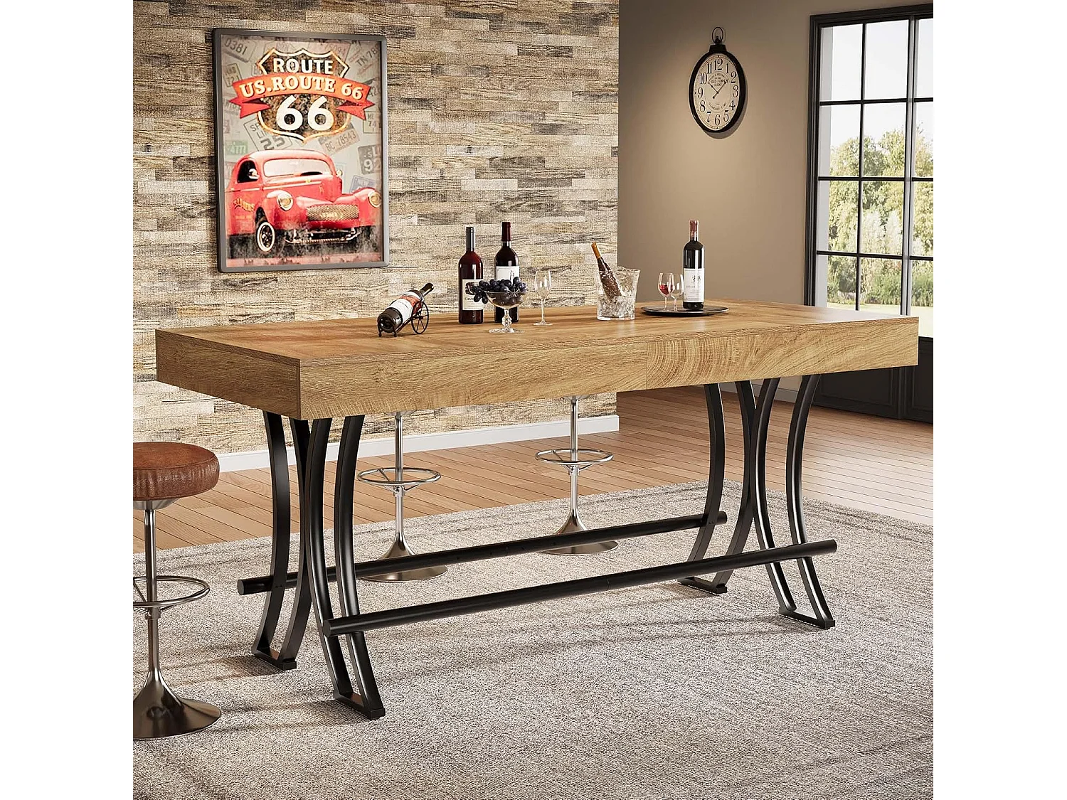 Table de bar/pub de 90 cm de haut avec repose-pieds en métal, table de cuisine/salle à manger rectangulaire de 160 cm de hauteur comptoir