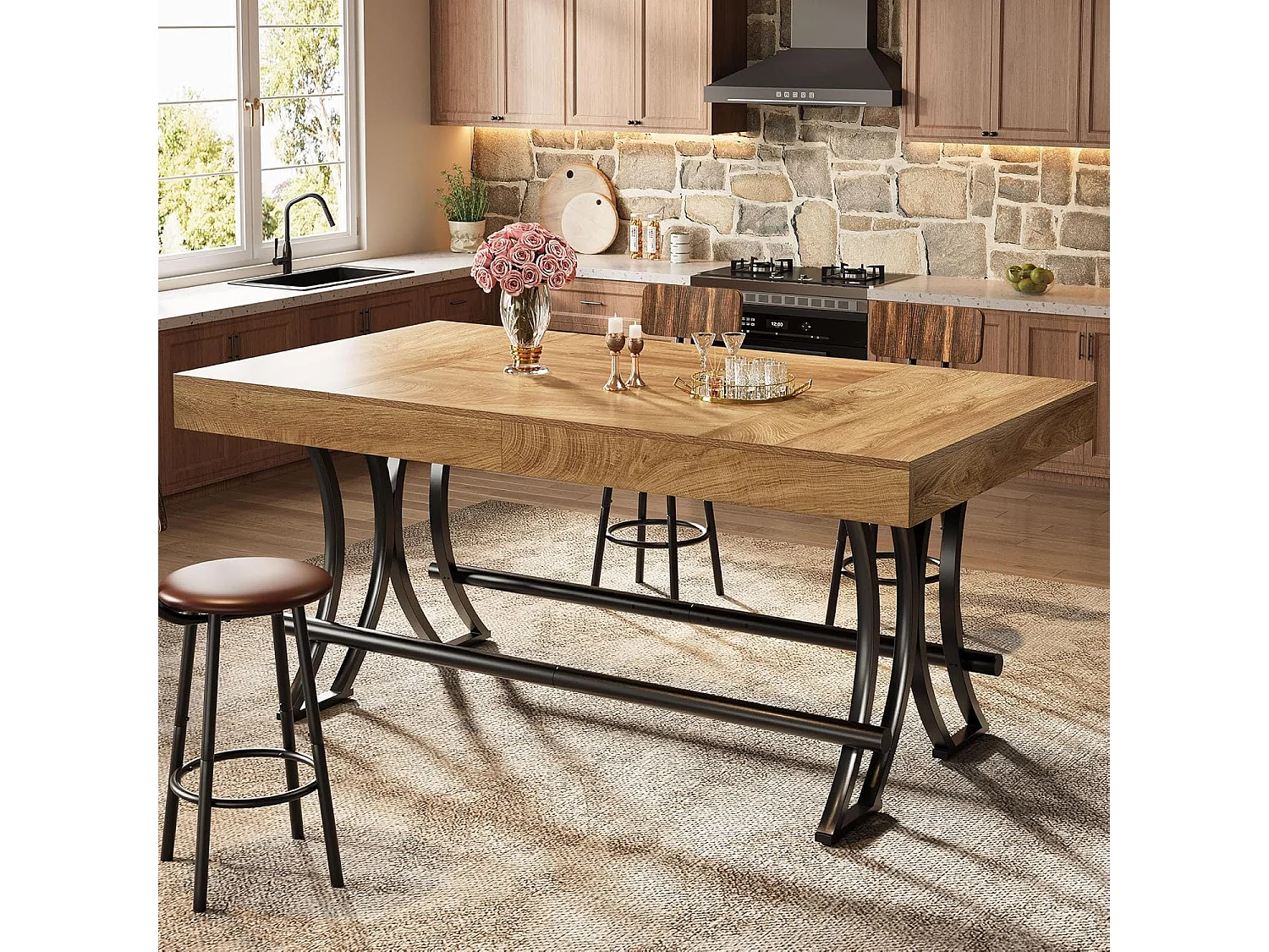 Table de bar/pub de 90 cm de haut avec repose-pieds en métal, table de cuisine/salle à manger rectangulaire de 160 cm de hauteur comptoir