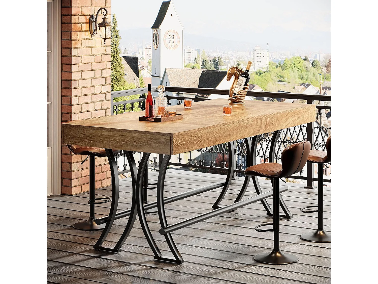 Table de bar/pub de 90 cm de haut avec repose-pieds en métal, table de cuisine/salle à manger rectangulaire de 160 cm de hauteur comptoir