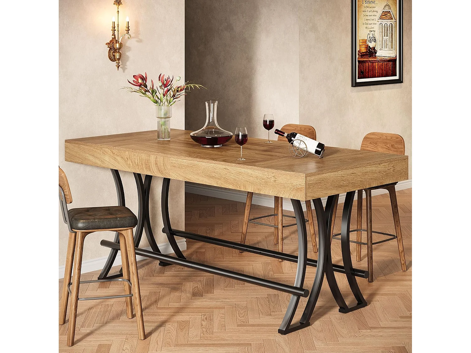 Table de bar/pub de 90 cm de haut avec repose-pieds en métal, table de cuisine/salle à manger rectangulaire de 160 cm de hauteur comptoir