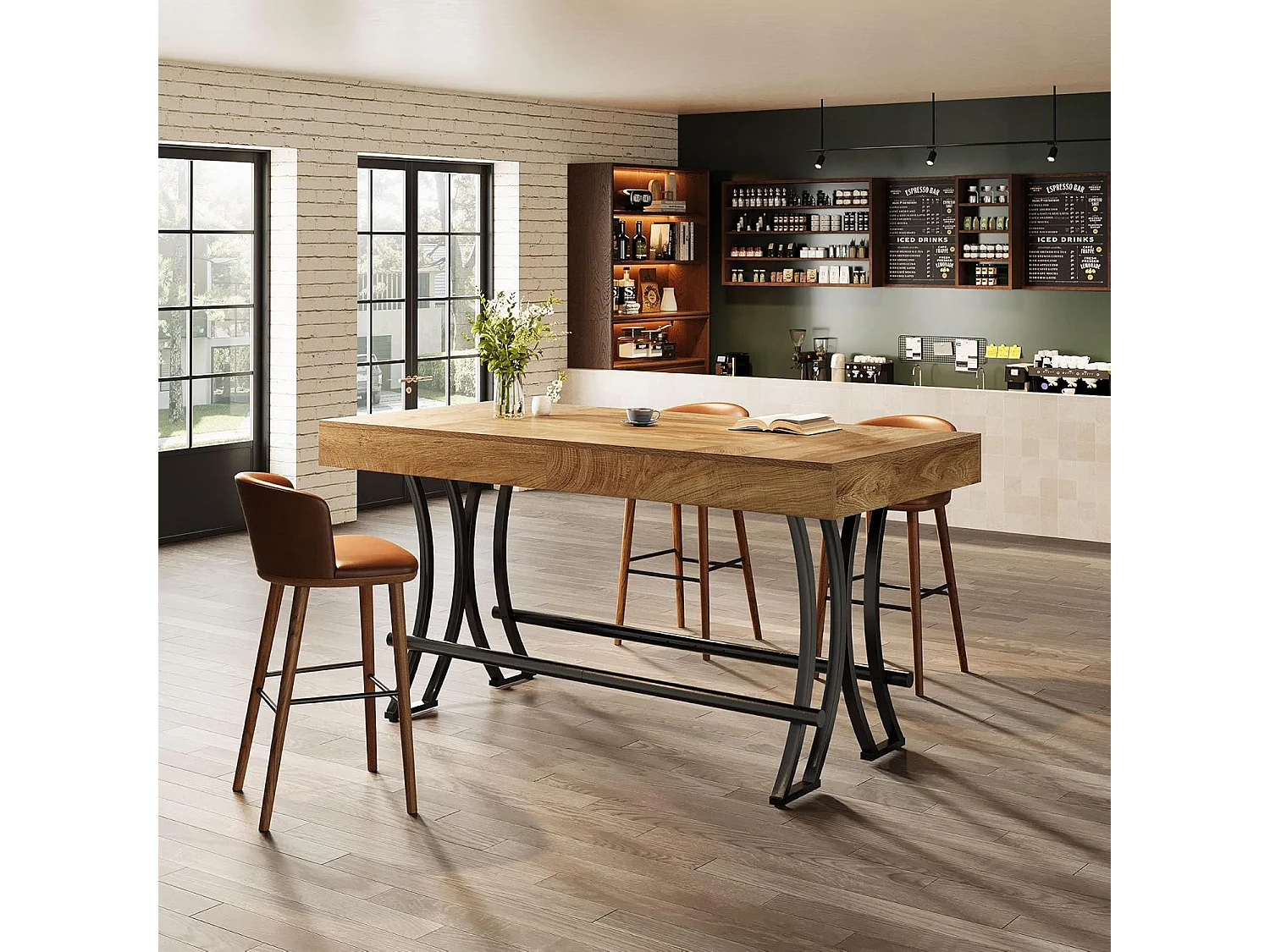 Table de bar/pub de 90 cm de haut avec repose-pieds en métal, table de cuisine/salle à manger rectangulaire de 160 cm de hauteur comptoir