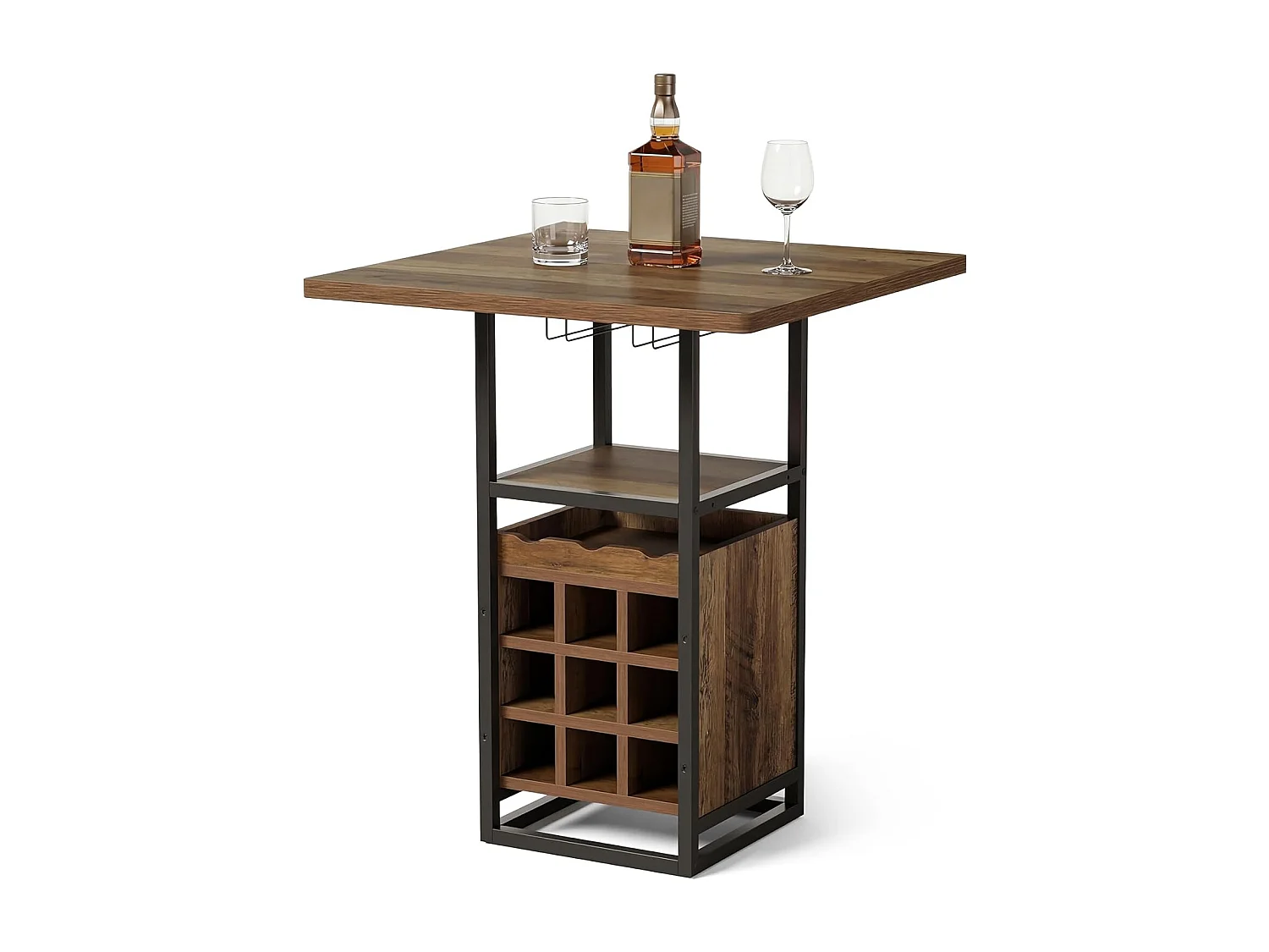 Table de bar de 95 cm de haut avec rangements intégrés : porte-verres, casiers à bouteilles et étagères.