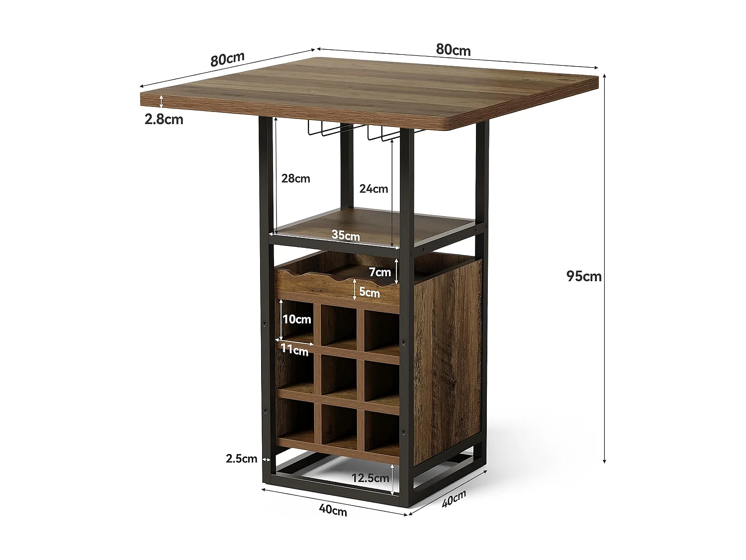 Table de bar de 95 cm de haut avec rangements intégrés : porte-verres, casiers à bouteilles et étagères.