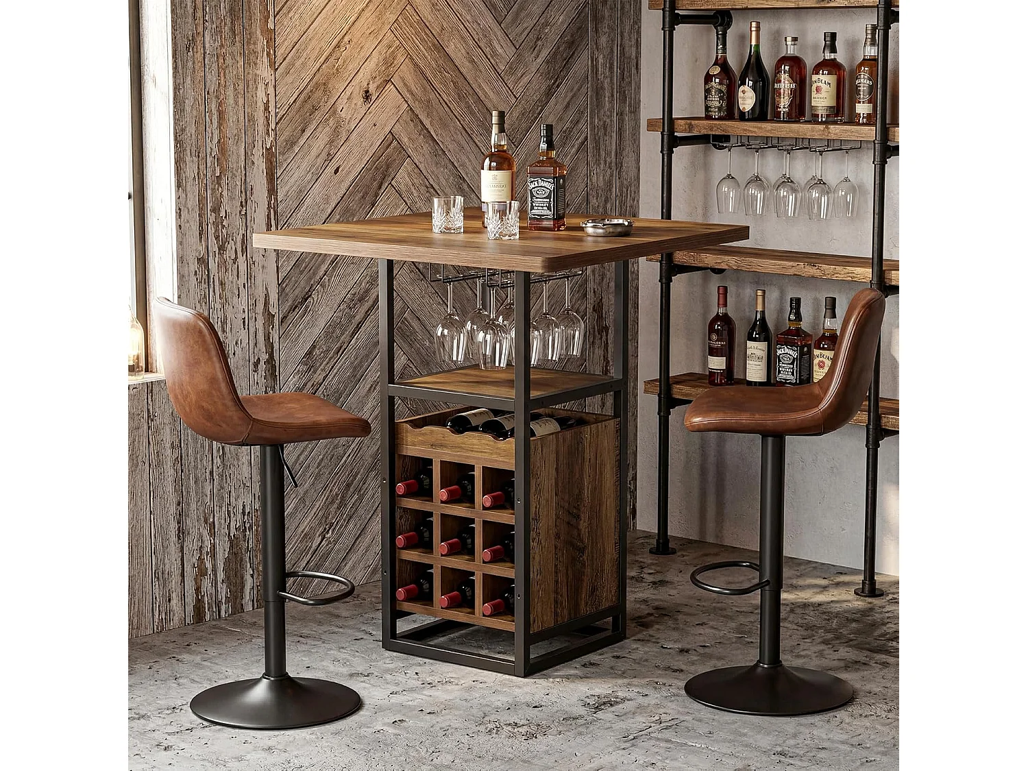 Table de bar de 95 cm de haut avec rangements intégrés : porte-verres, casiers à bouteilles et étagères.