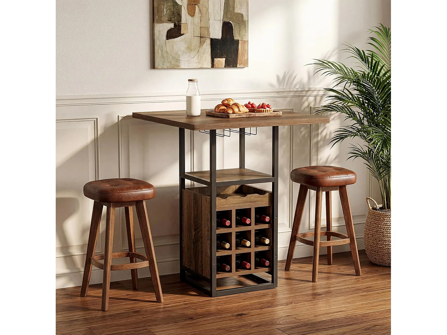 Table de bar de 95 cm de haut avec rangements intégrés : porte-verres, casiers à bouteilles et étagères.