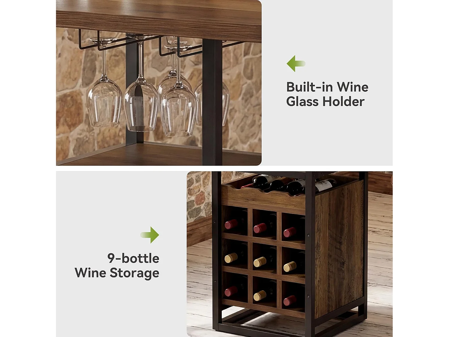 Table de bar de 95 cm de haut avec rangements intégrés : porte-verres, casiers à bouteilles et étagères.