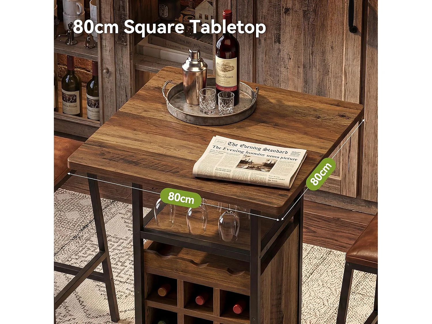Table de bar de 95 cm de haut avec rangements intégrés : porte-verres, casiers à bouteilles et étagères.