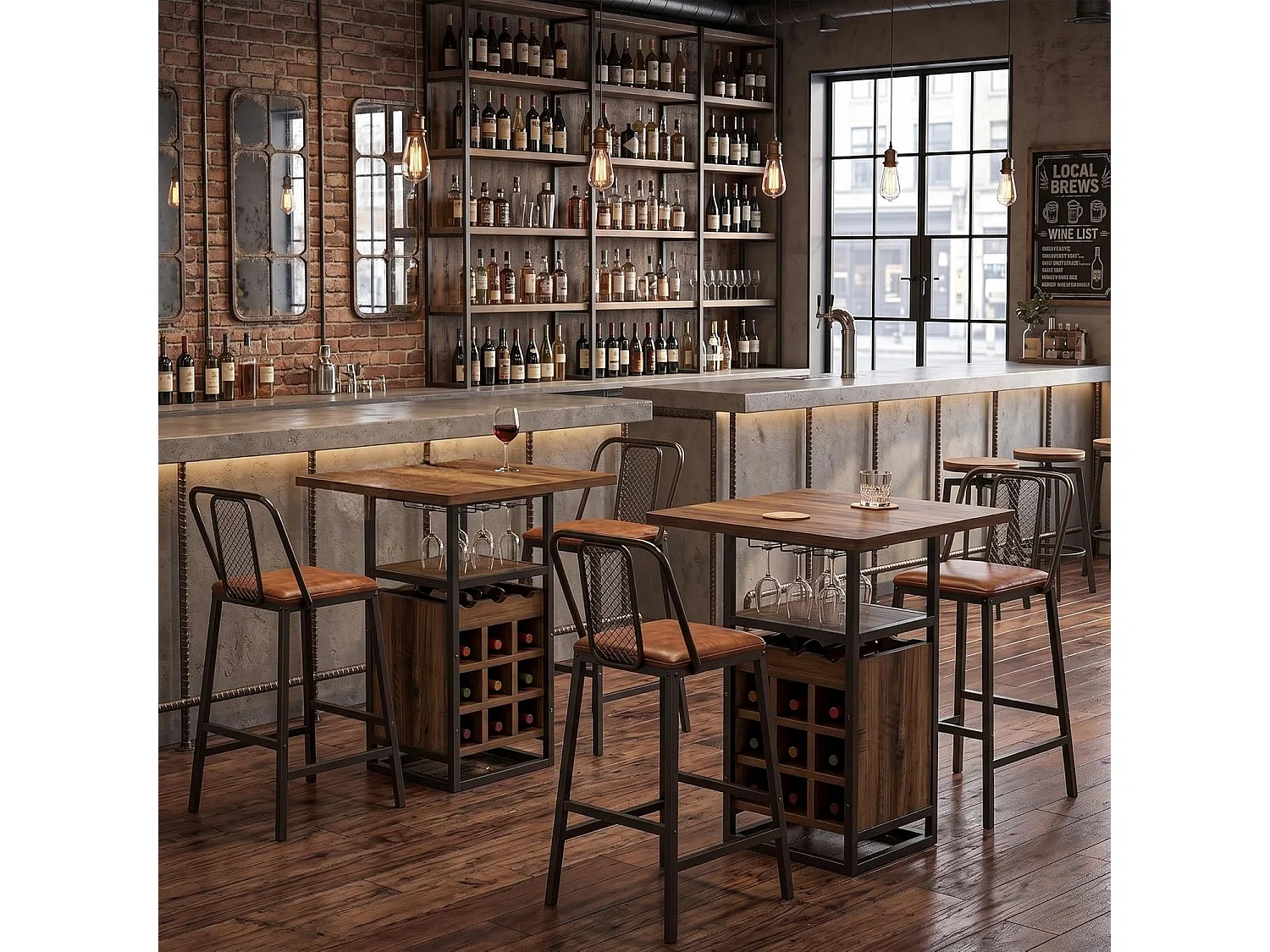 Table de bar de 95 cm de haut avec rangements intégrés : porte-verres, casiers à bouteilles et étagères.