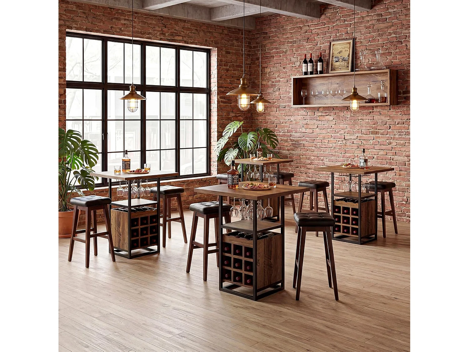 Table de bar de 95 cm de haut avec rangements intégrés : porte-verres, casiers à bouteilles et étagères.