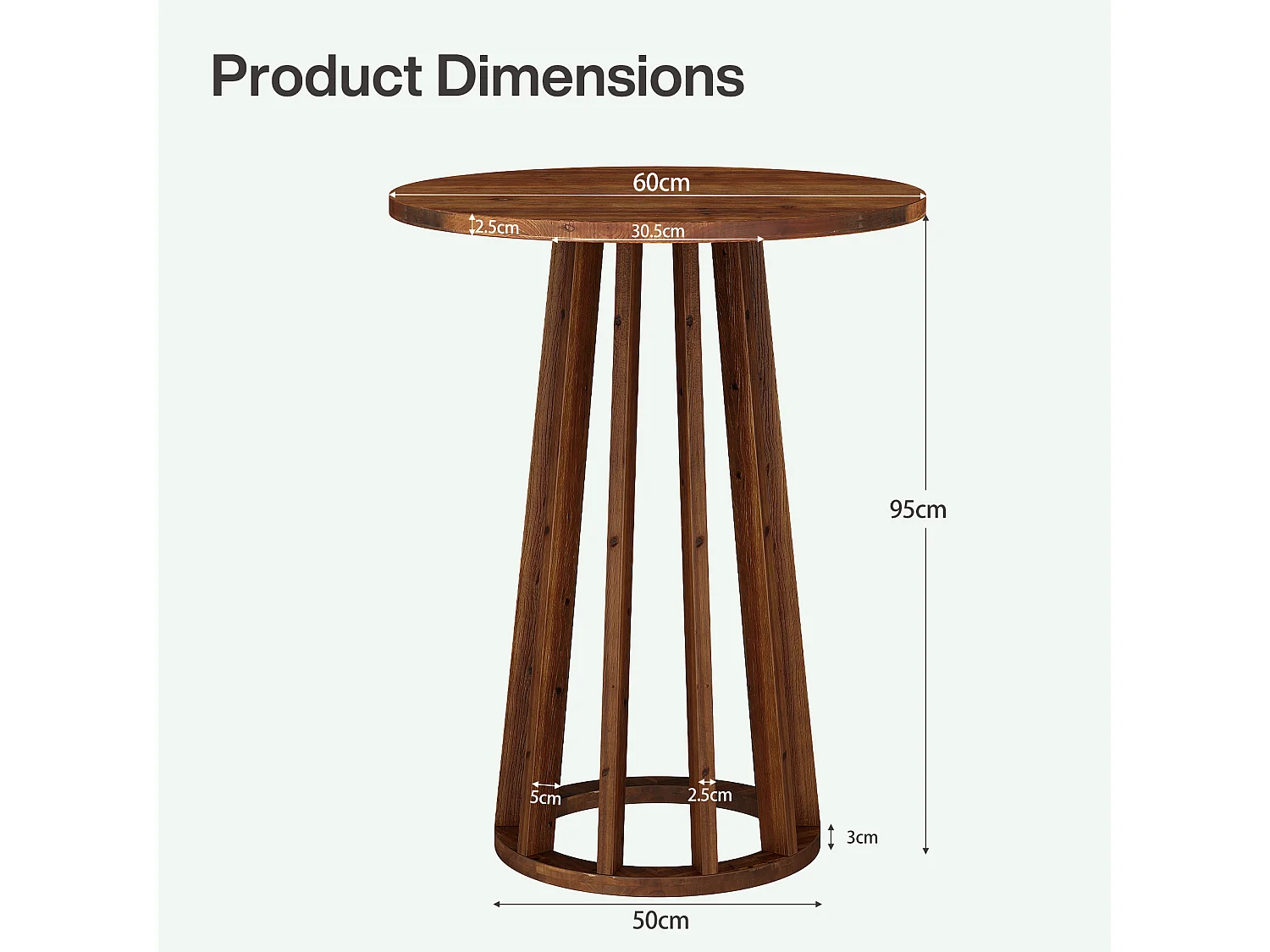Table de bar ronde de style campagnard avec pieds en bois massif pour salle à manger, café, salon 60x60x95cm