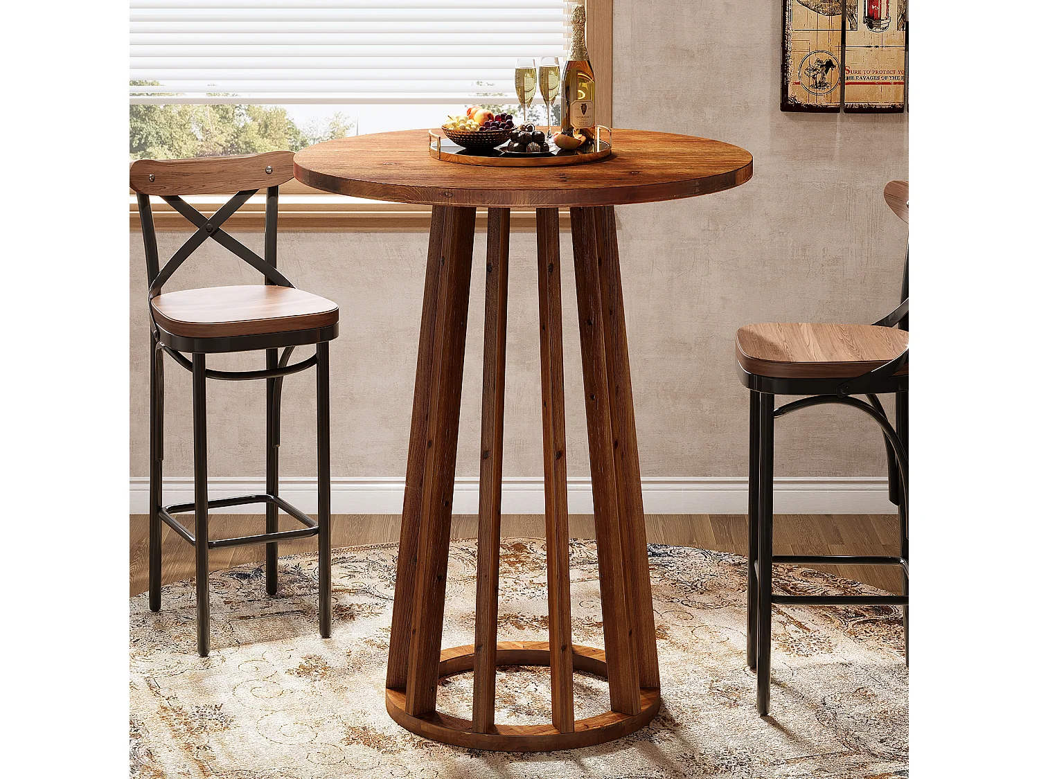Table de bar ronde de style campagnard avec pieds en bois massif pour salle à manger, café, salon 60x60x95cm