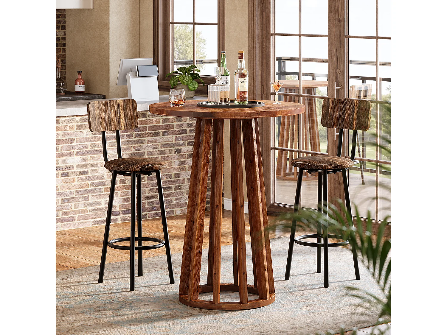 Table de bar ronde de style campagnard avec pieds en bois massif pour salle à manger, café, salon 60x60x95cm