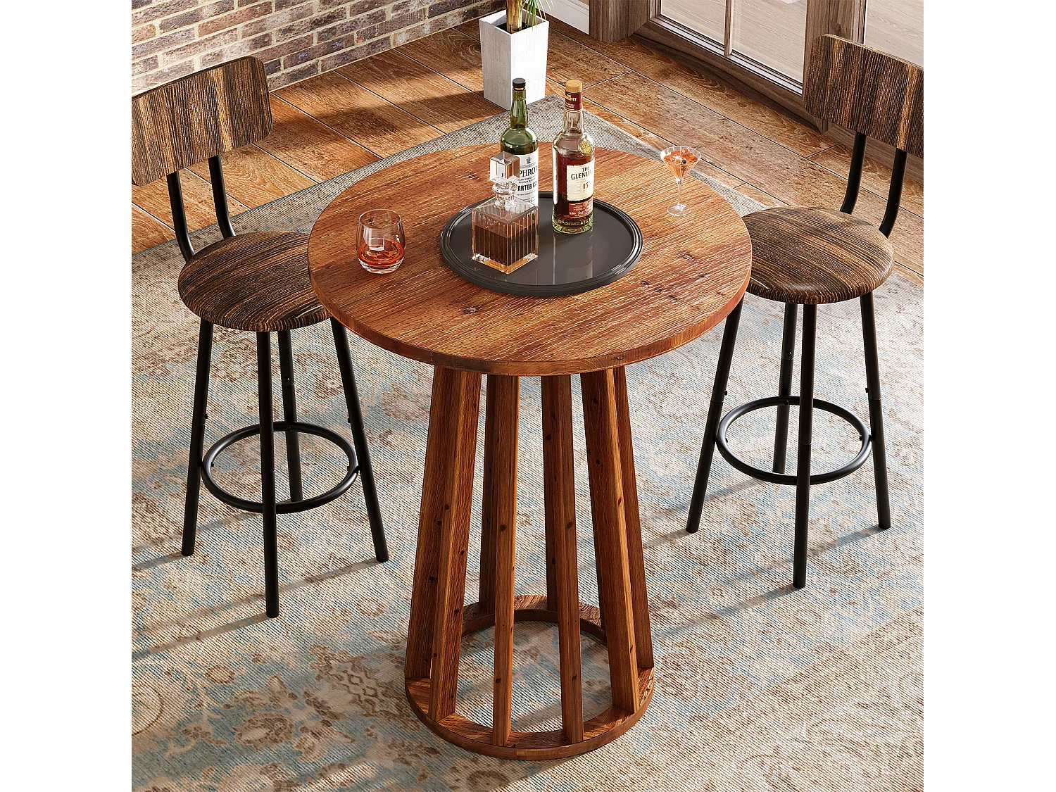 Table de bar ronde de style campagnard avec pieds en bois massif pour salle à manger, café, salon 60x60x95cm