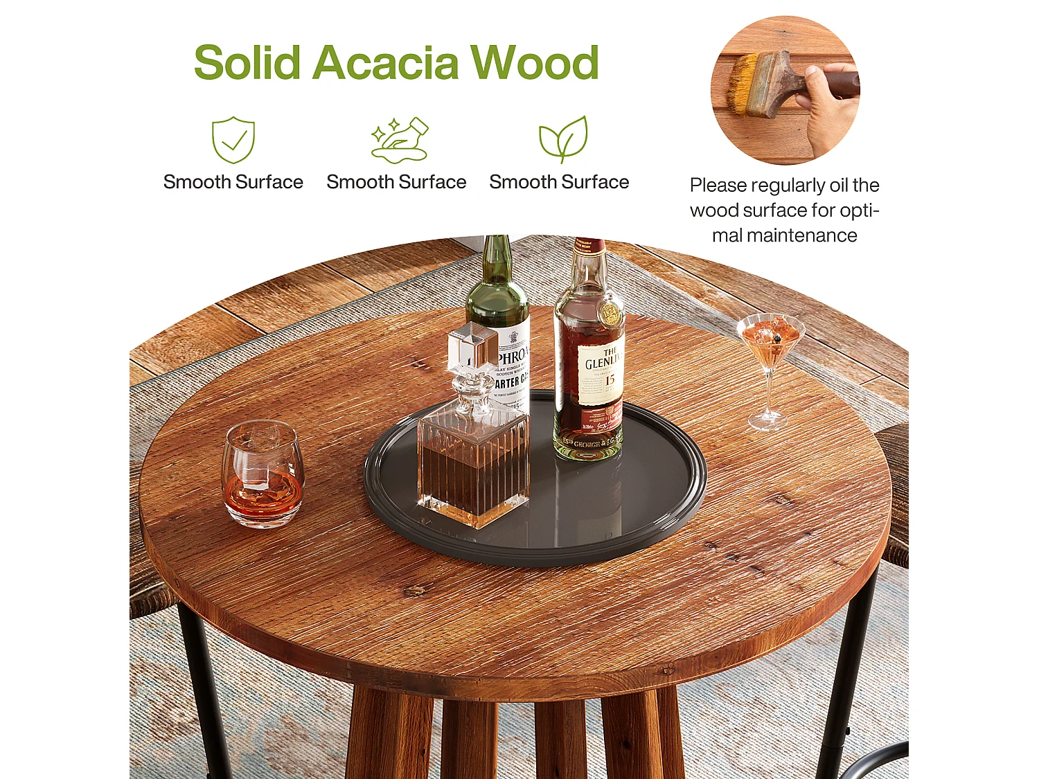 Table de bar ronde de style campagnard avec pieds en bois massif pour salle à manger, café, salon 60x60x95cm