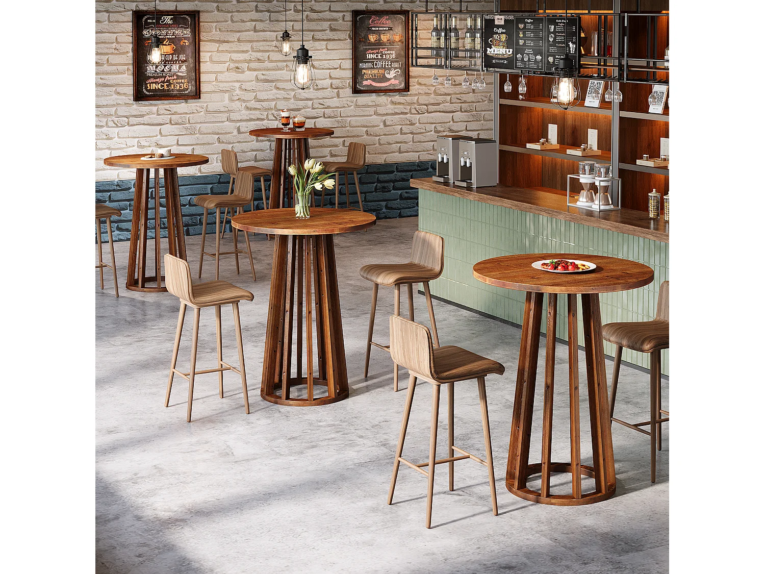 Table de bar ronde de style campagnard avec pieds en bois massif pour salle à manger, café, salon 60x60x95cm