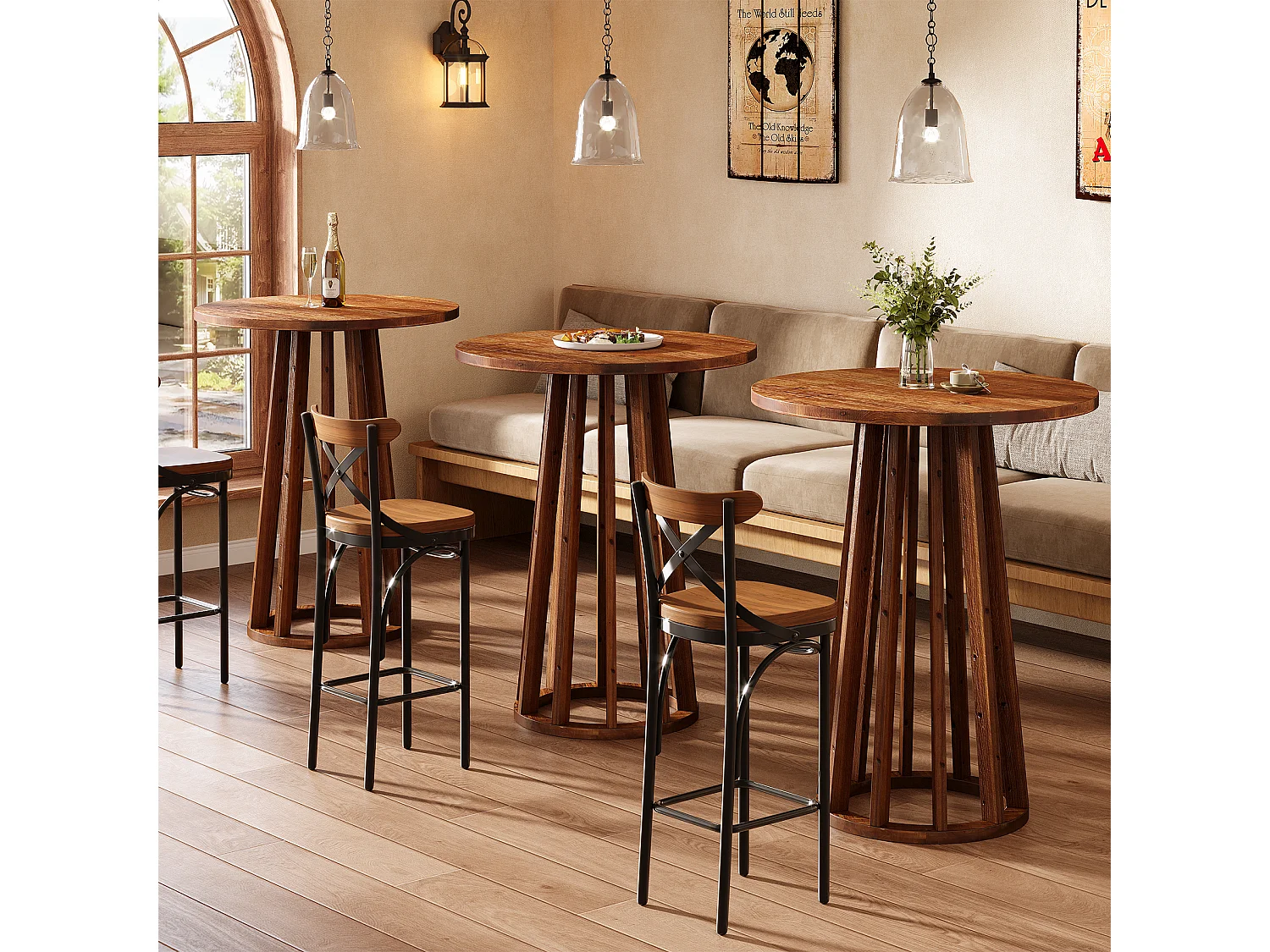 Table de bar ronde de style campagnard avec pieds en bois massif pour salle à manger, café, salon 60x60x95cm
