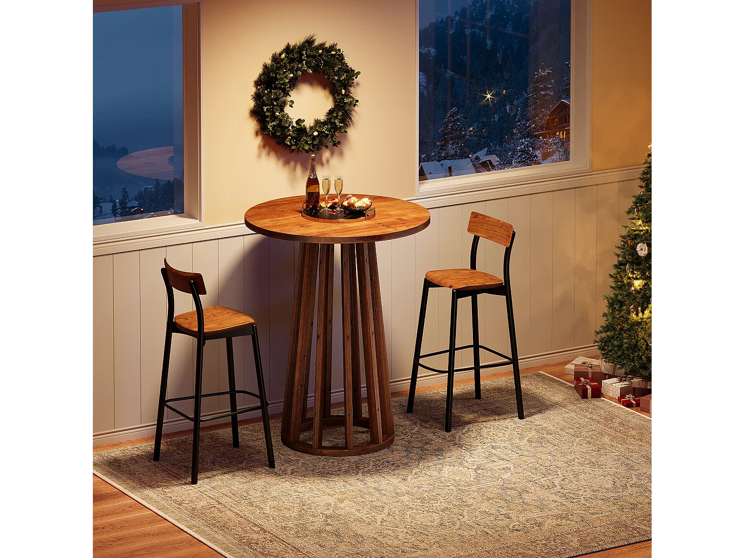 Table de bar ronde de style campagnard avec pieds en bois massif pour salle à manger, café, salon 60x60x95cm