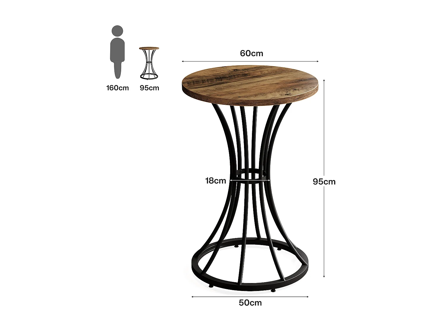 Table de bar ronde de 95 cm de haut, petite table bistro de 60 x 60 cm pour cuisine et salle à manger