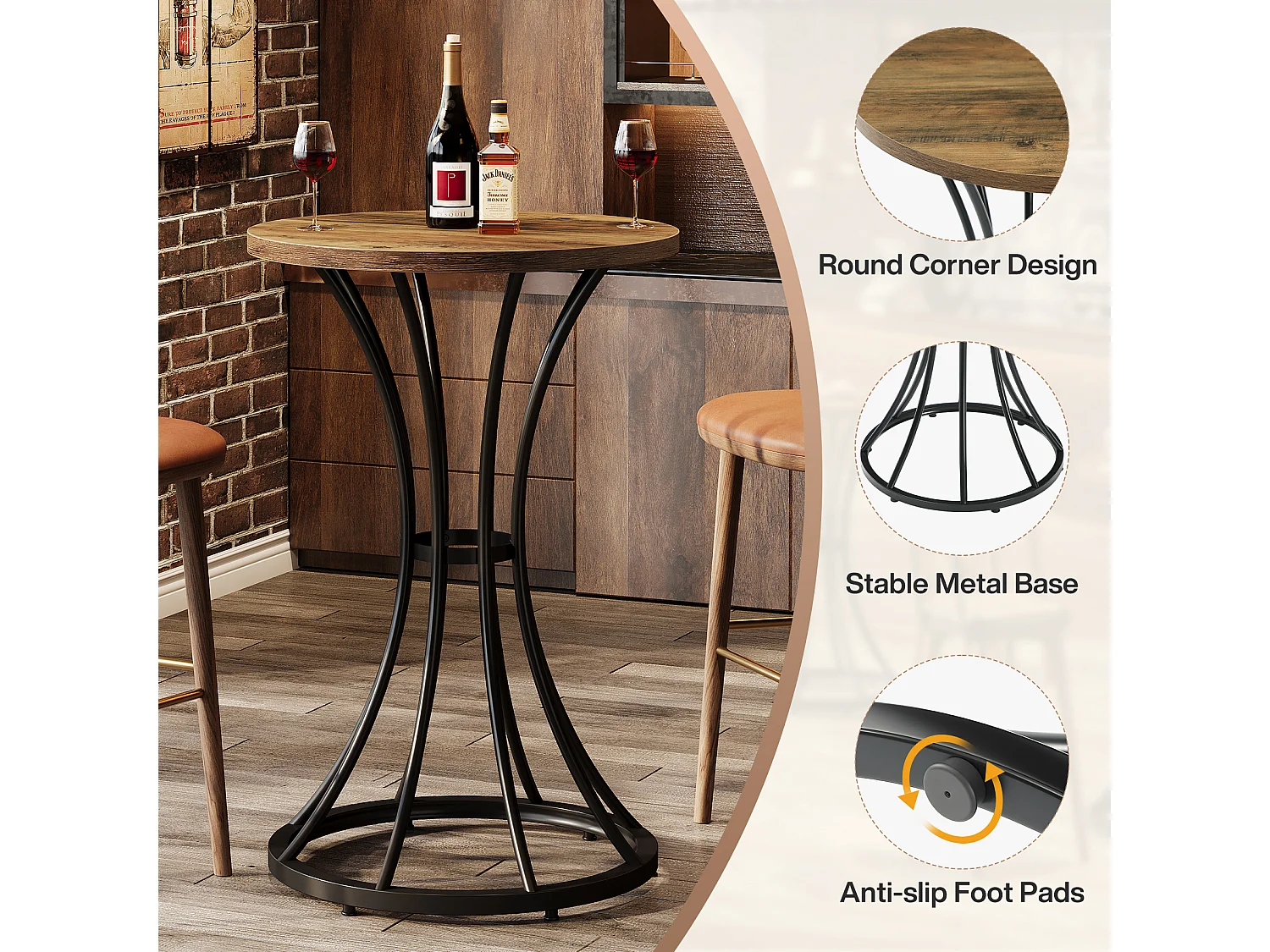 Table de bar ronde de 95 cm de haut, petite table bistro de 60 x 60 cm pour cuisine et salle à manger