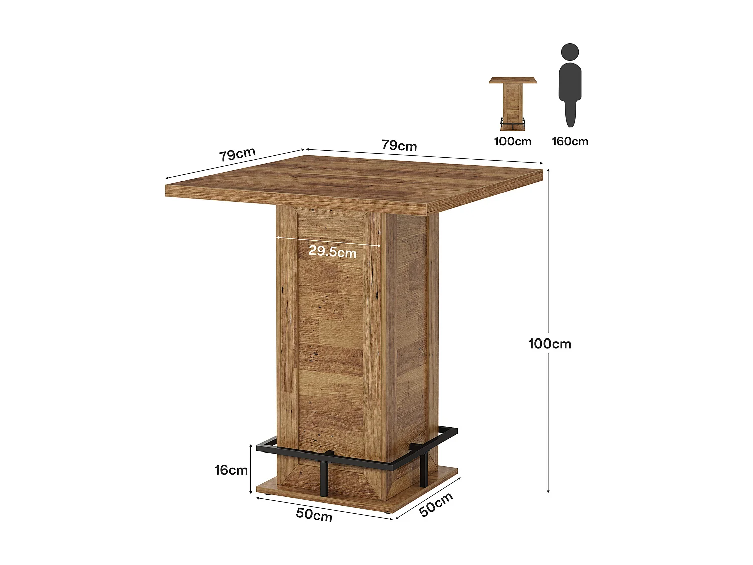 Table de bar carrée de 79 cm de haut avec repose-pieds en métal pour coin cuisine (table seule)