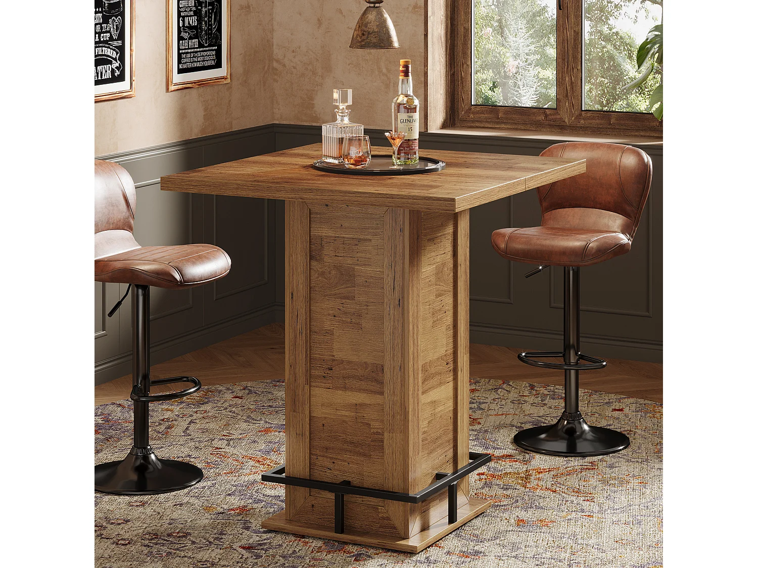 Table de bar carrée de 79 cm de haut avec repose-pieds en métal pour coin cuisine (table seule)