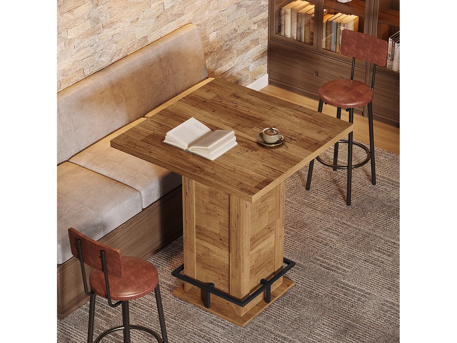 Table de bar carrée de 79 cm de haut avec repose-pieds en métal pour coin cuisine (table seule)