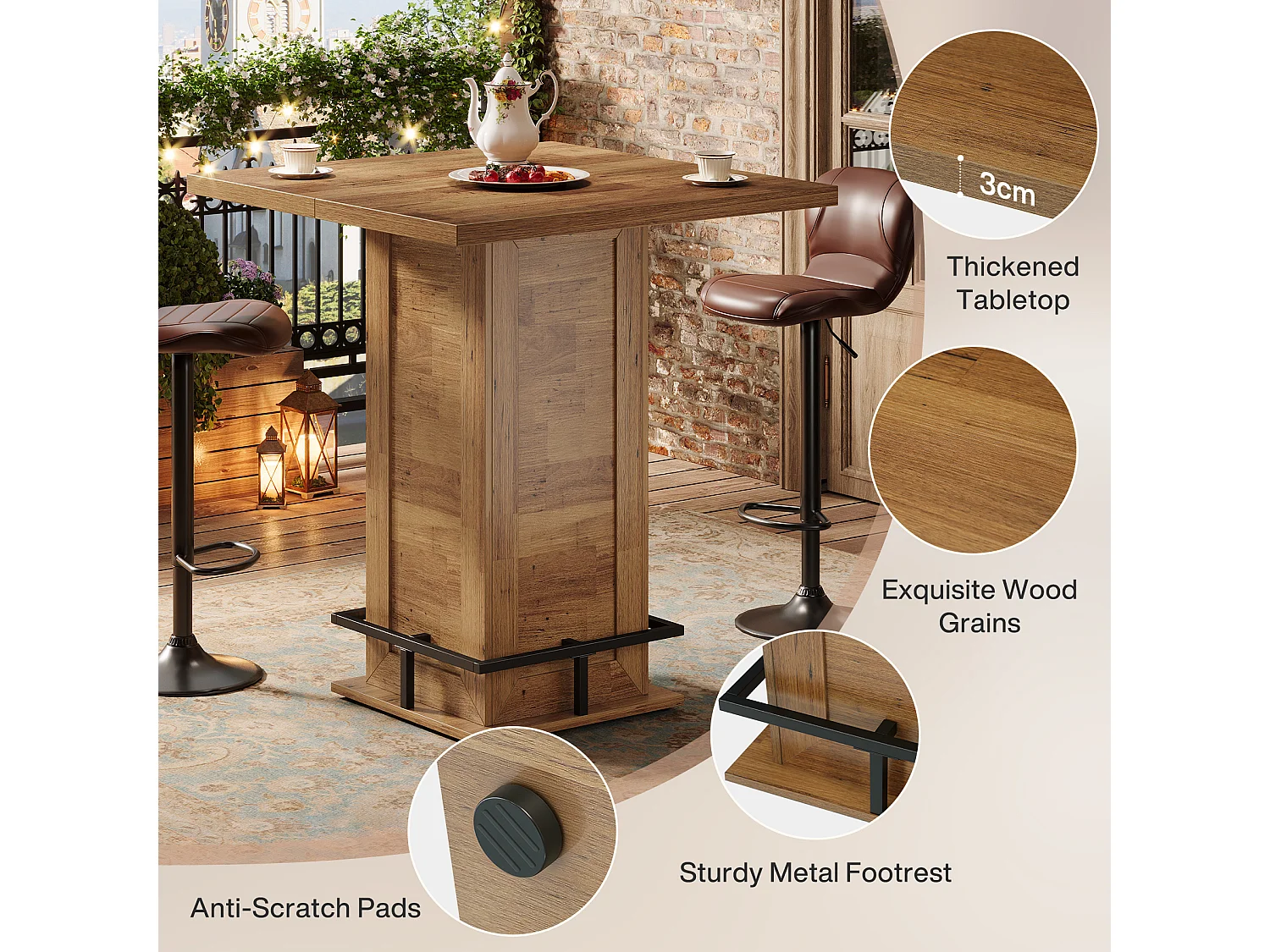 Table de bar carrée de 79 cm de haut avec repose-pieds en métal pour coin cuisine (table seule)