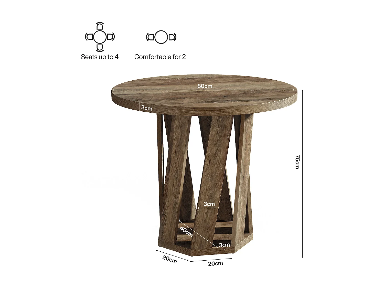Table ronde pour 2 à 4 personnes, 80 cm, petite table de cuisine ronde de style campagnard pour salle à manger