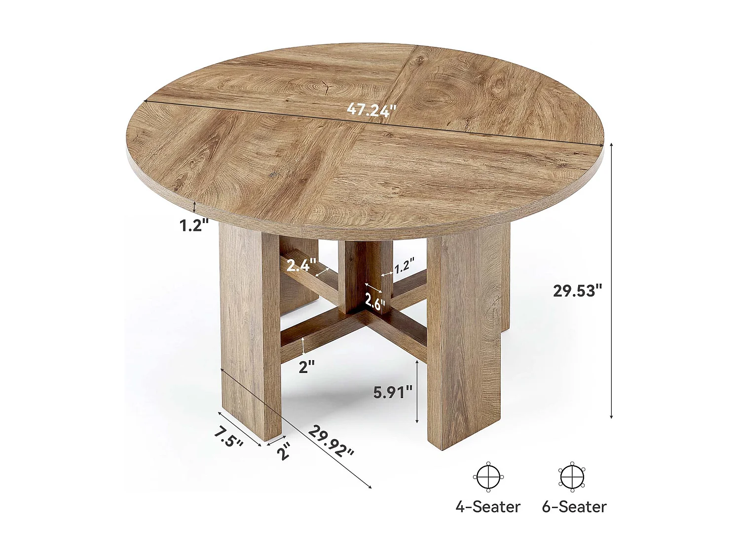 Table de salle à manger ronde, table de cuisine de 120 cm pour 6 personnes, table de salle à manger de style campagnard