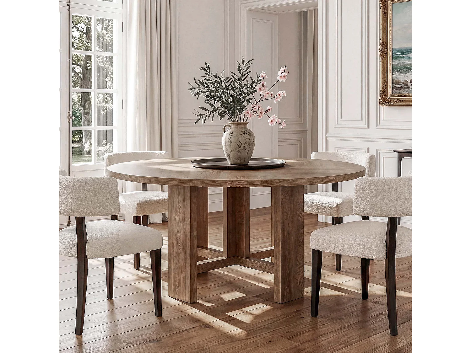 Table de salle à manger ronde, table de cuisine de 120 cm pour 6 personnes, table de salle à manger de style campagnard