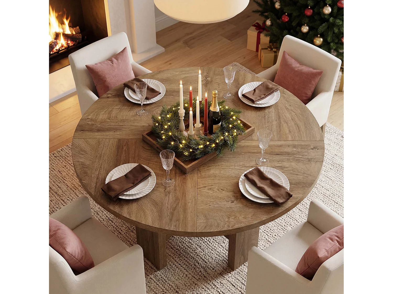 Table de salle à manger ronde, table de cuisine de 120 cm pour 6 personnes, table de salle à manger de style campagnard