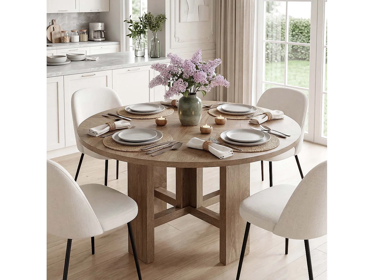 Table de salle à manger ronde, table de cuisine de 120 cm pour 6 personnes, table de salle à manger de style campagnard