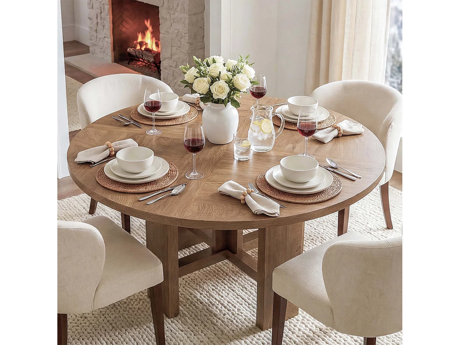 Table de salle à manger ronde, table de cuisine de 120 cm pour 6 personnes, table de salle à manger de style campagnard