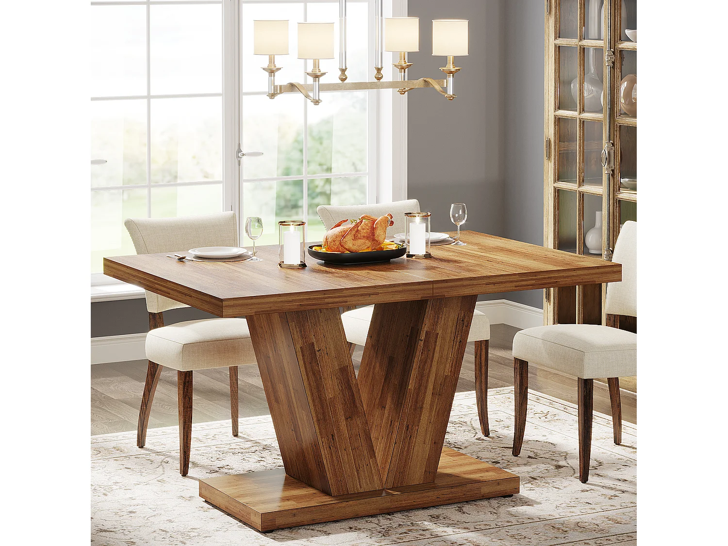 Table à manger de 120 cm pour 4 personnes avec pied central robuste, style campagnard