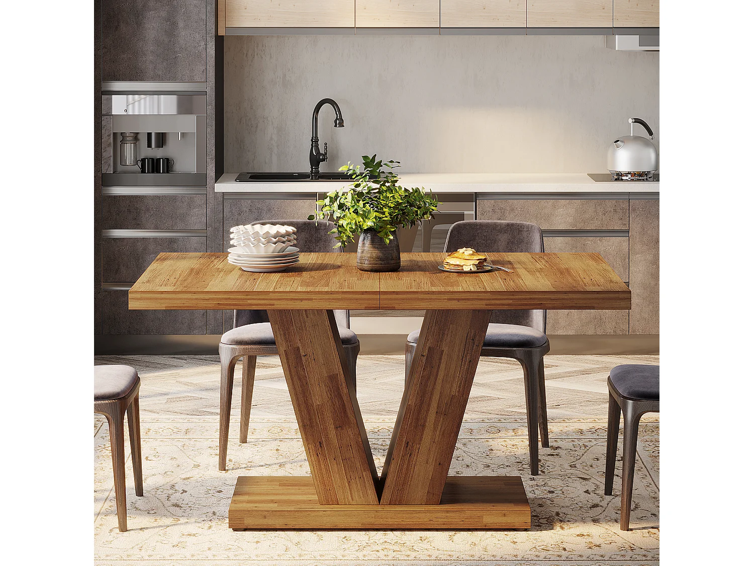 Table à manger de 120 cm pour 4 personnes avec pied central robuste, style campagnard