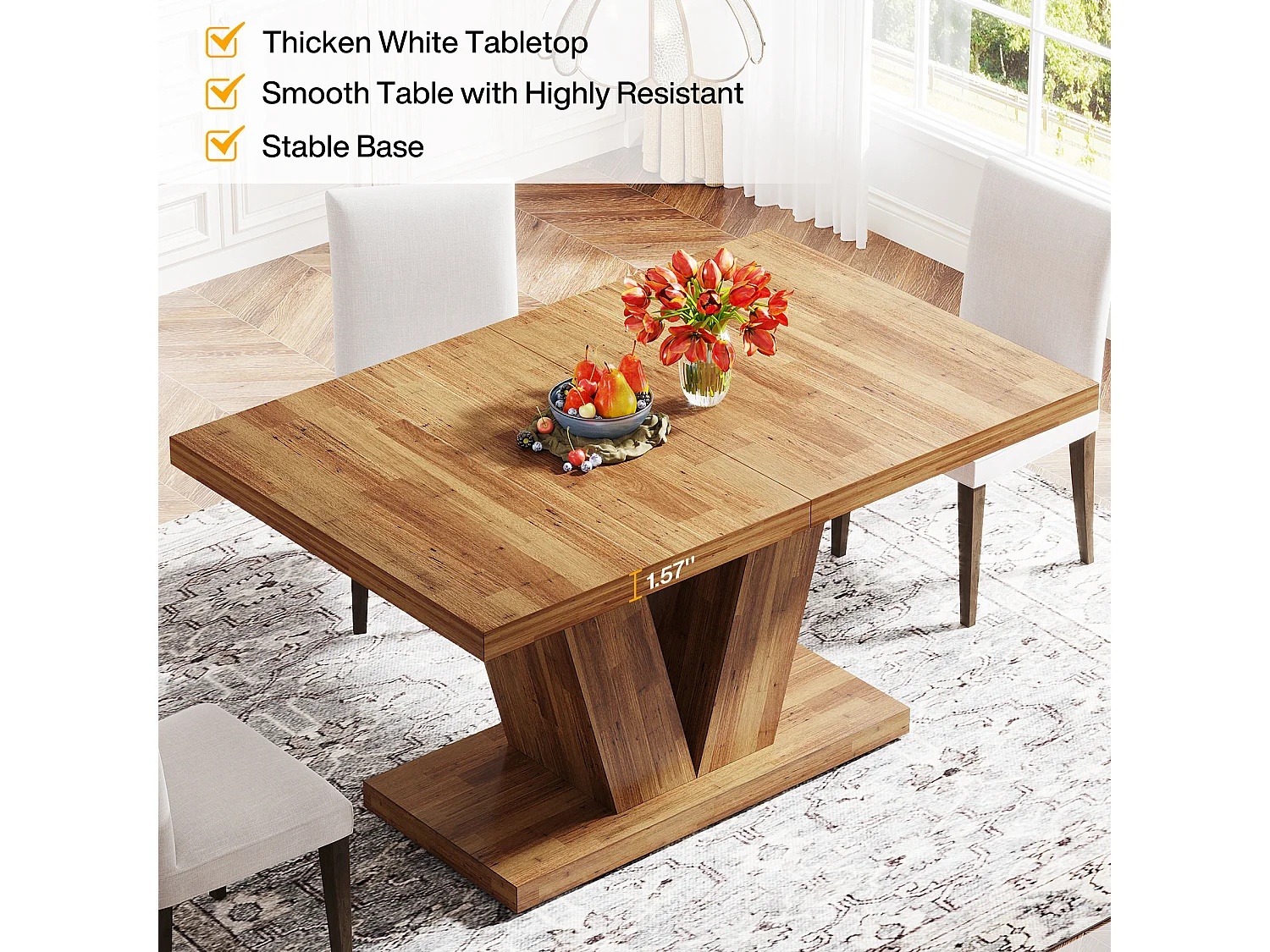 Table à manger de 120 cm pour 4 personnes avec pied central robuste, style campagnard