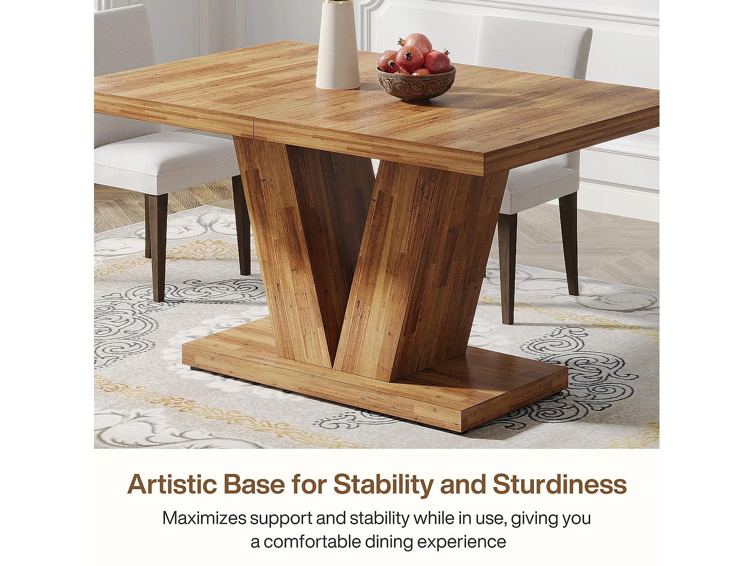 Table à manger de 120 cm pour 4 personnes avec pied central robuste, style campagnard