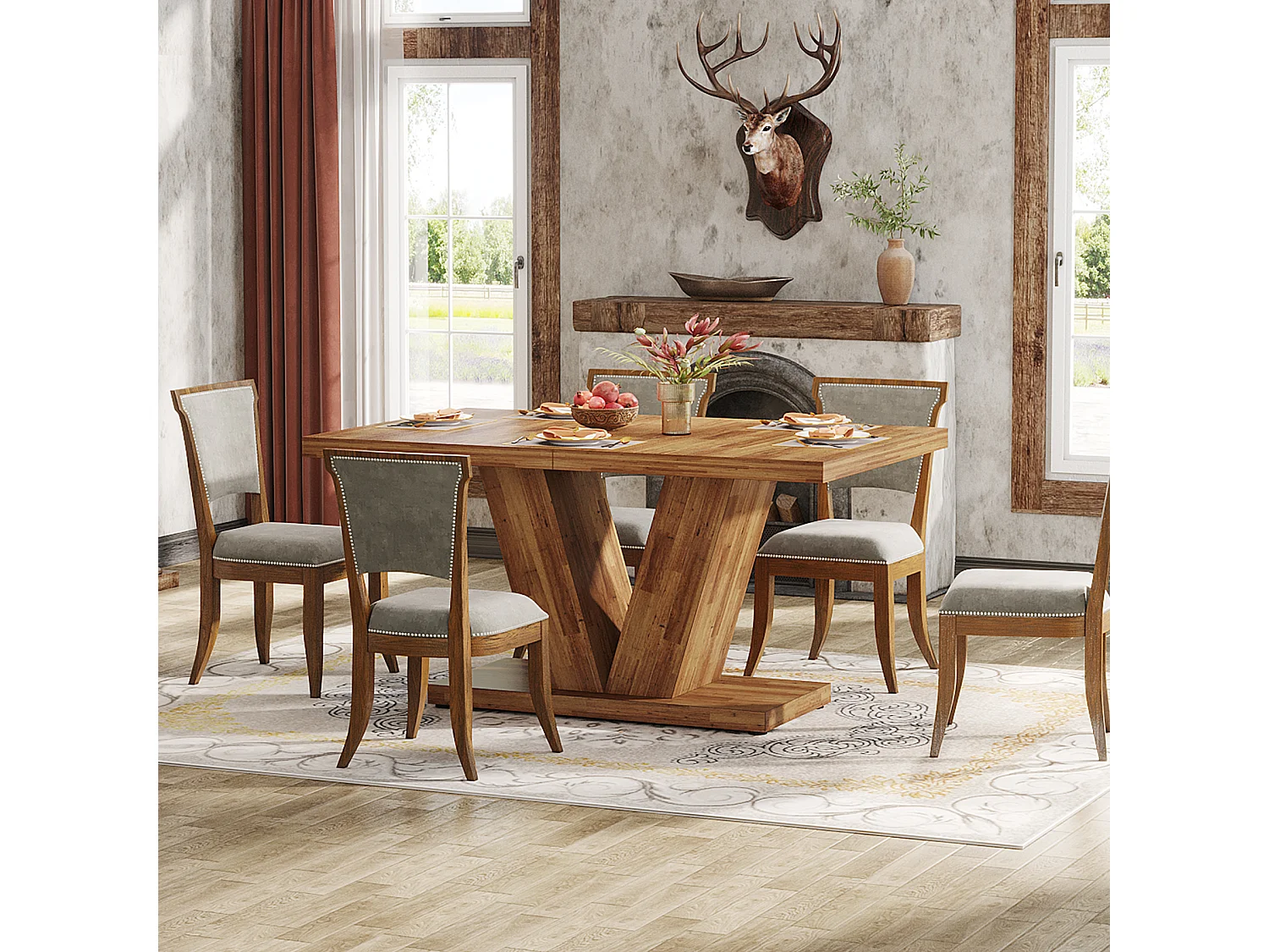 Table à manger de 120 cm pour 4 personnes avec pied central robuste, style campagnard