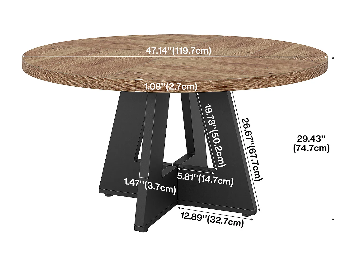 Table à manger ronde de 120 cm pour 4 personnes, style rustique, idéale pour la salle à manger ou le salon.