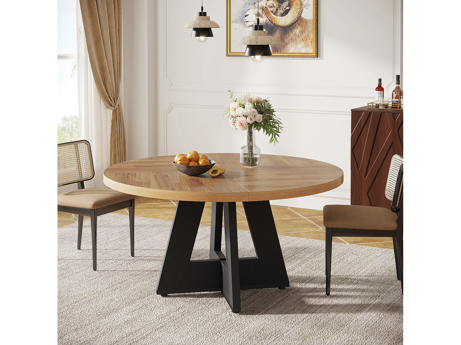 Table à manger ronde de 120 cm pour 4 personnes, style rustique, idéale pour la salle à manger ou le salon.
