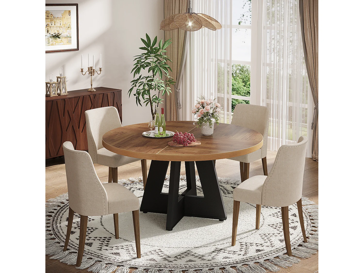 Table à manger ronde de 120 cm pour 4 personnes, style rustique, idéale pour la salle à manger ou le salon.