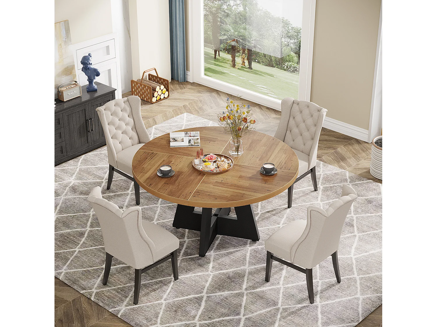 Table à manger ronde de 120 cm pour 4 personnes, style rustique, idéale pour la salle à manger ou le salon.