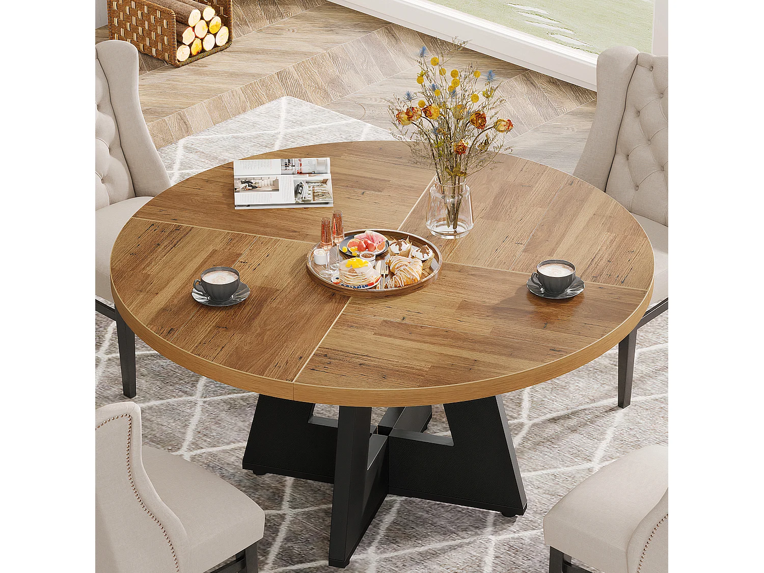 Table à manger ronde de 120 cm pour 4 personnes, style rustique, idéale pour la salle à manger ou le salon.