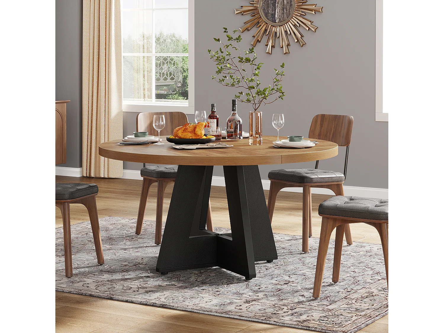 Table à manger ronde de 120 cm pour 4 personnes, style rustique, idéale pour la salle à manger ou le salon.