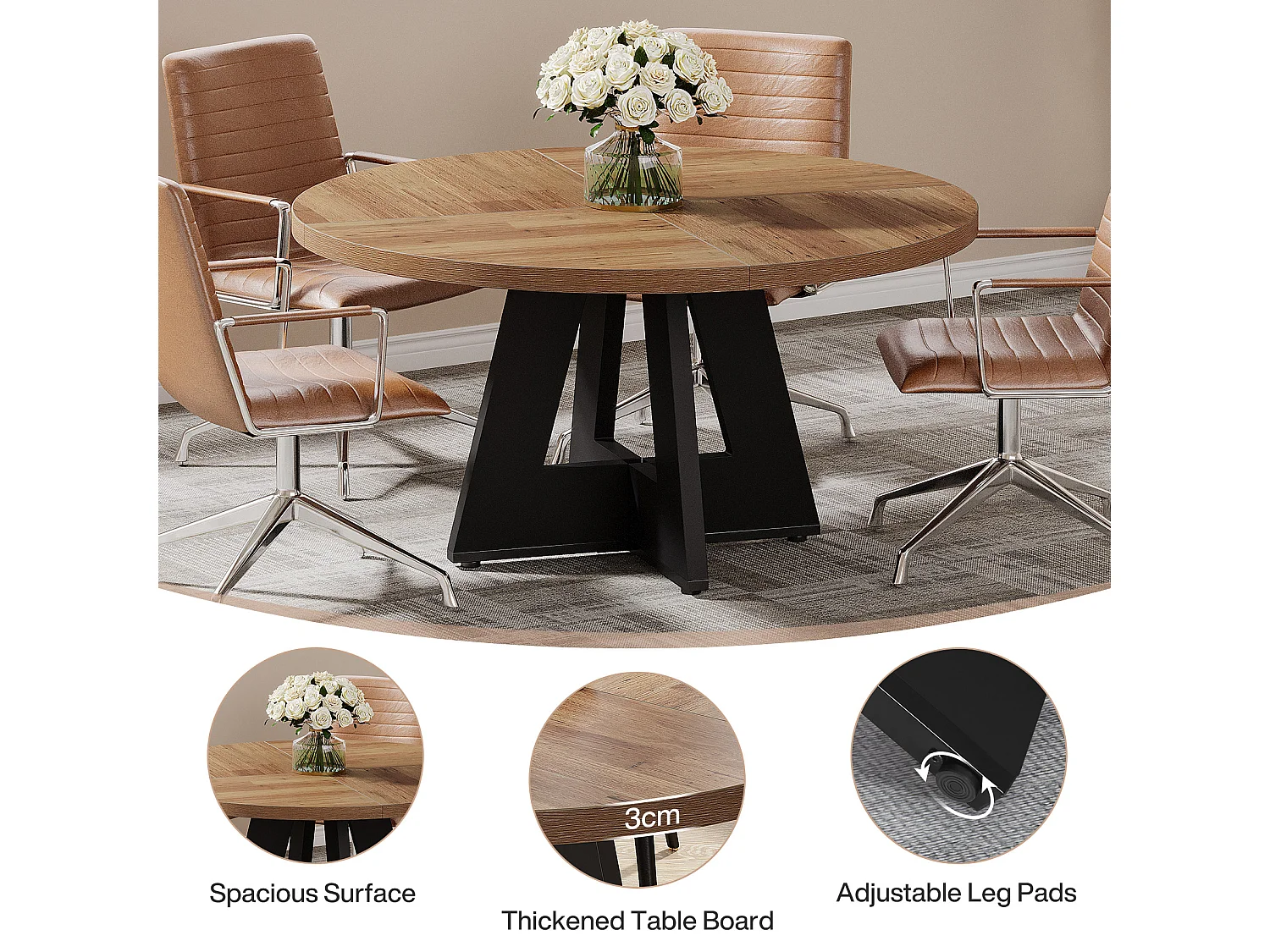 Table à manger ronde de 120 cm pour 4 personnes, style rustique, idéale pour la salle à manger ou le salon.