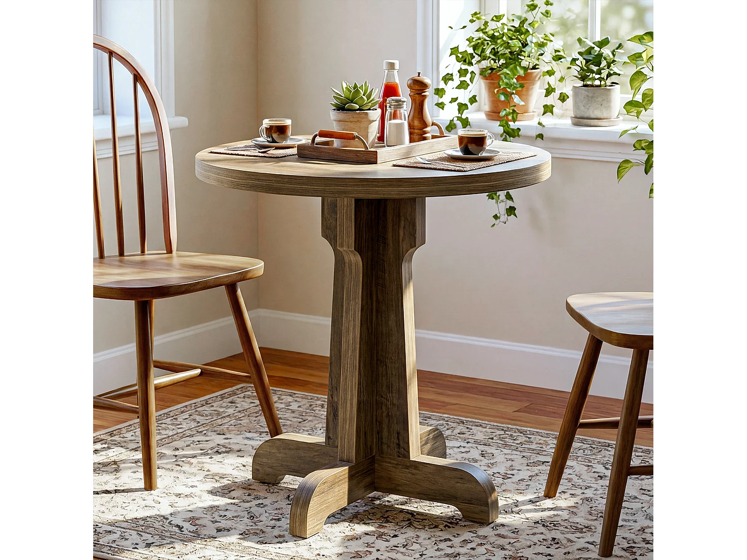 Table ronde de 60 cm pour 2 personnes, idéale pour salle à manger, bar, café ou petit appartement (marron).